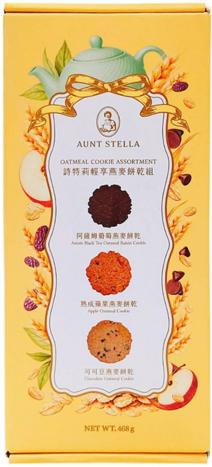 AUNT STELLA 詩特莉 燕麥餅乾禮盒 - 阿薩姆錫蘭紅茶葡萄乾、熟成蘋果、可可豆口味, 468g, 1個