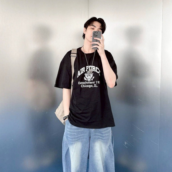 【JES】韓國美式AIR FORCE勳章短袖T恤:親膚透氣潮流情侶款, 黑,XL