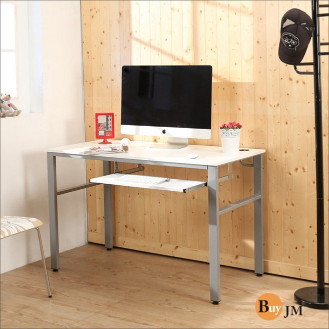 BuyJM 木紋白低甲醛 附電線孔 學生上班族適用 簡約時尚。, 120公分穩重型工作桌附鍵盤架, 白