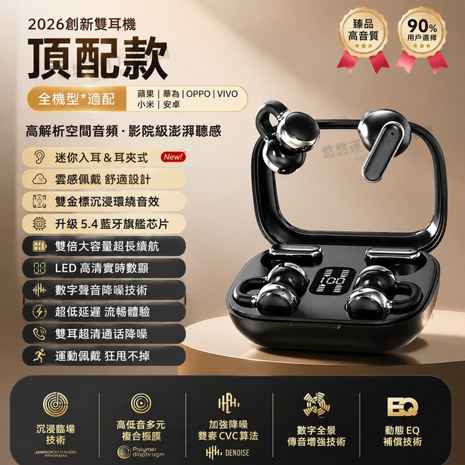 無線藍芽耳機 耳夾式 半入耳式 降噪 防水防汗 運動藍牙耳機, 黑色, Q10