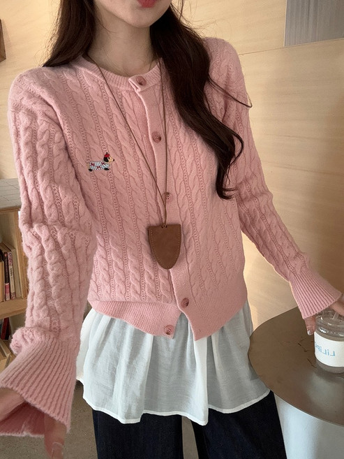 可愛臘腸狗刺繡麻花針織衫 柔軟舒適圓領毛衣外套 多色均碼