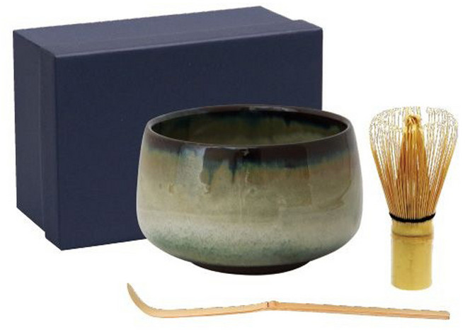 Aika 藍花 Hasami 抹茶陶瓷碗 13.5x20x8.5cm + 茶筅 + 茶杓 3件組, 1個, 傍晚
