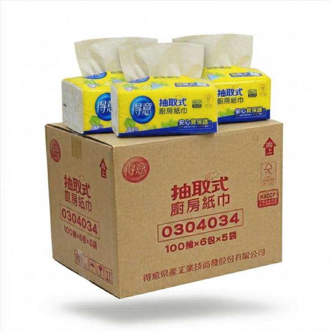 得意 抽取式廚房紙巾 100抽x6包x5袋, 1個, 箱購【抽取式】得意廚房紙*30包, 100張
