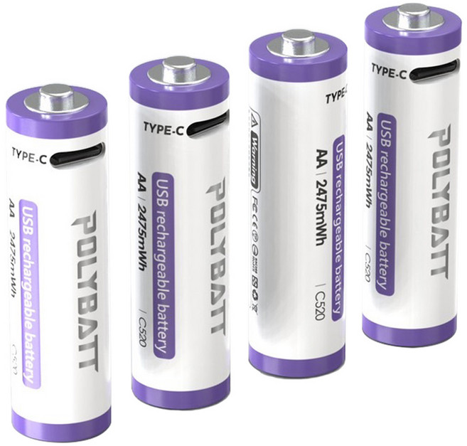 POLYBATT AA USB充電電池 2475mWh, 4個, 1套