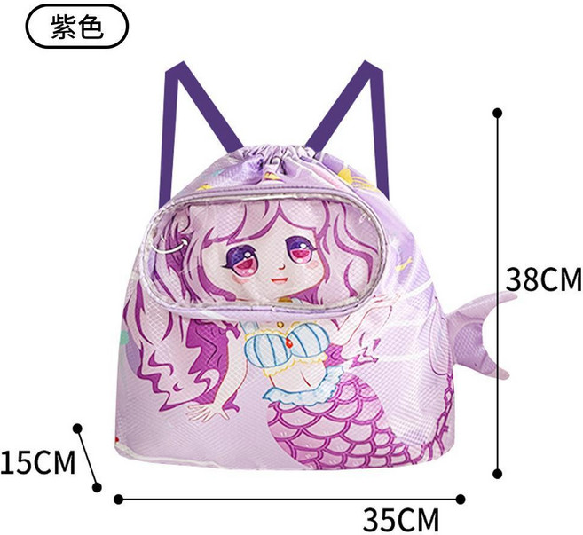 鯊魚造型游泳包 乾濕分離 防水, 紫色美人魚 無鞋倉, 1個