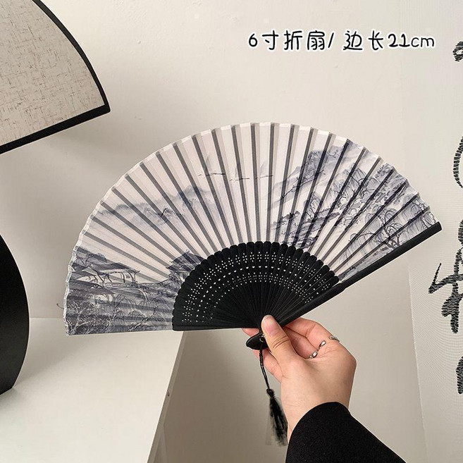 折疊扇 水墨山河 21cm 古風漢服新中式隨身攜帶, 鄉村人傢黑柄白邊