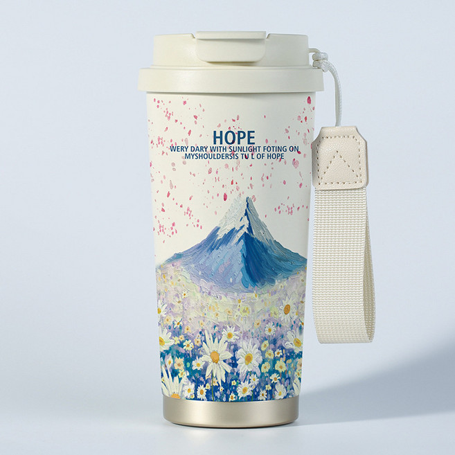 梵高向日葵保溫杯咖啡杯316不銹鋼陶瓷內膽隨行杯子, 1個, 1L, 雙飲蓋富士山陶瓷內膽:陶瓷內膽530ml