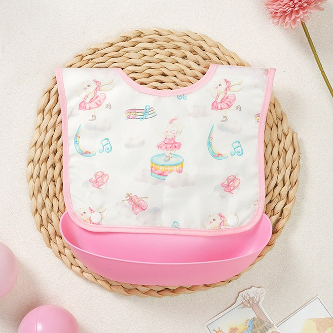 HYLSS 男女寶寶吃飯圍兜小孩可拆卸飯兜兒童食飯兜圍嘴 幼兒園 防水免洗, 1個, 1個裝, 1個裝粉色兔子:如圖