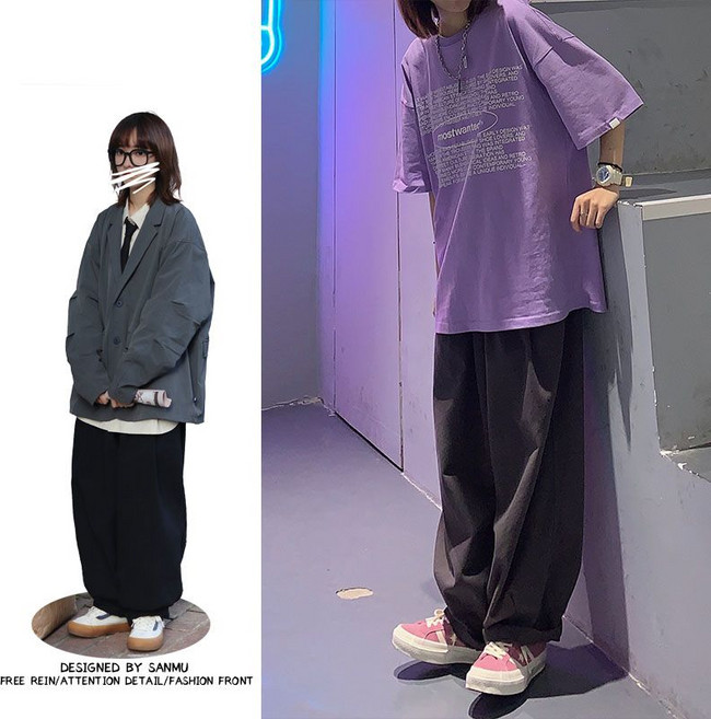 日系復古松緊腰闊腿工裝褲 男女款中性風寬鬆休閒長褲, 1個, 黑色【高質量】2XL 建議145-160斤