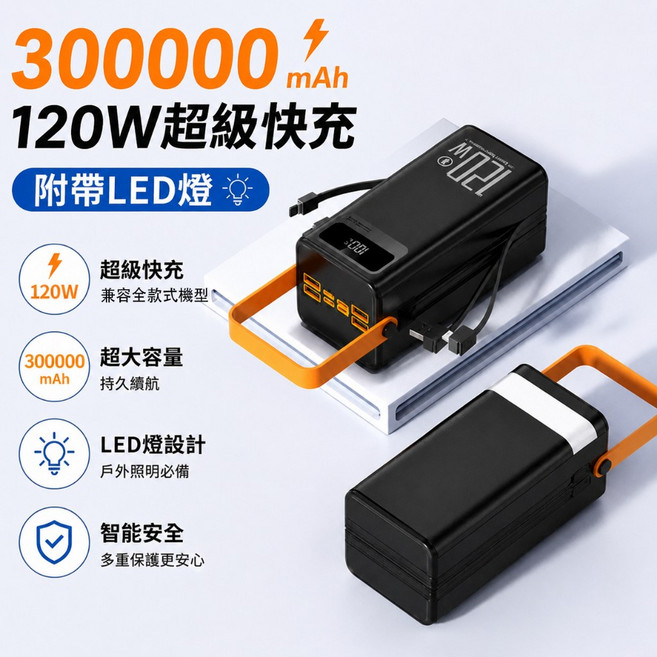 大容量行動電源 120W超級快充 戶外移動電源 300000毫安 自帶雙線, 深層黑【30萬+自帶雙線+120W快充】,戶外/野營/夜釣/應急/夜路, 深層黑, N/A