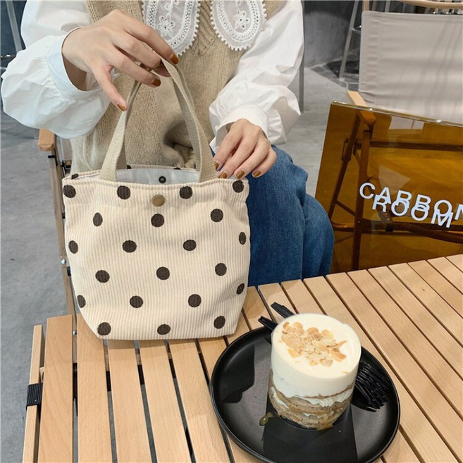 【BAGEL蓓果】現貨 燈芯絨手提袋 復古可愛小物收納 少女手拎包 媽媽包 學生便當袋 有內袋 隨身包, 杏色波點, 杏色波點