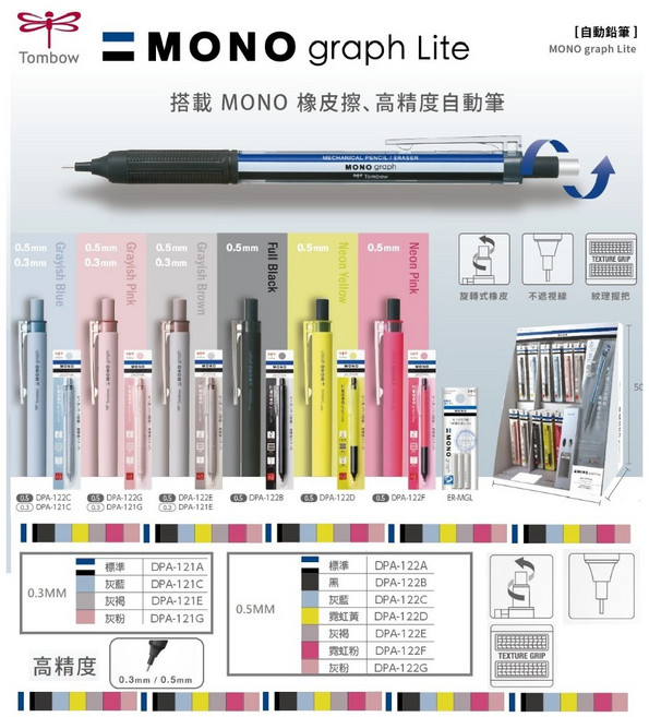 Tombow MONO graph Lite 自動鉛筆 搭載MONO橡擦 高精度, 1個, 0.5 好握穩定 替換橡皮設計 A藍白
