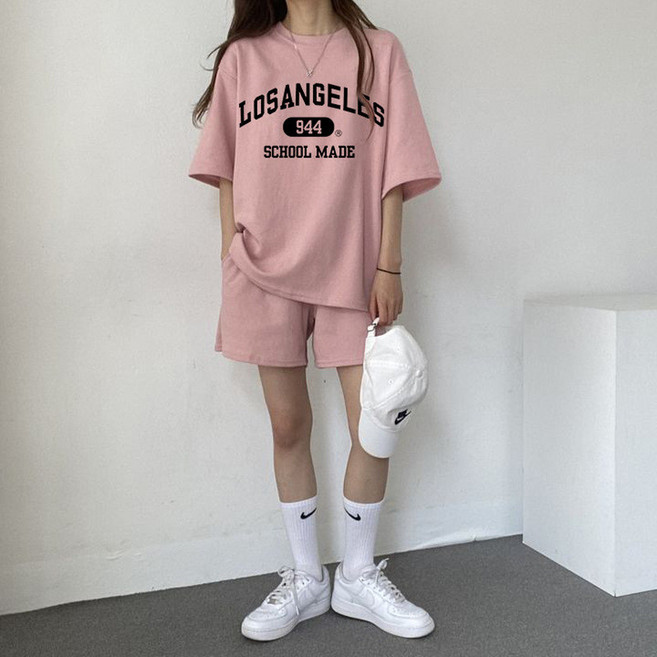 【超高CP值】短袖休閒運動套裝女 韓國學院風寬鬆圓領棉質套裝 夏季顯瘦時尚