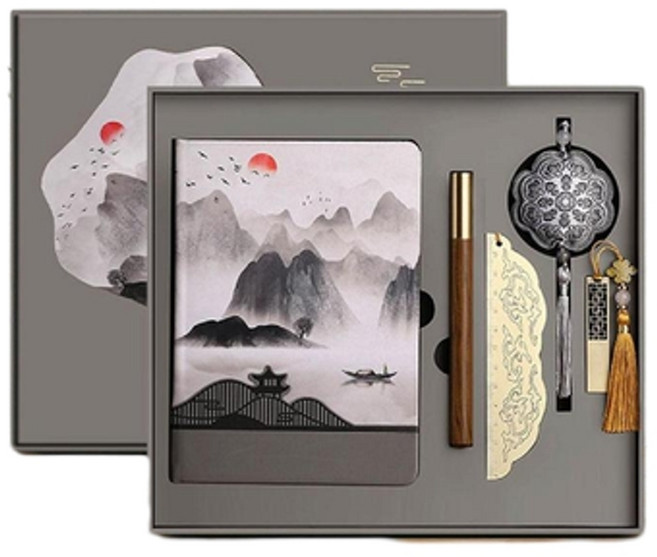 國潮古風千里江山絲綢手帳禮盒, 13020 - 灰色 漁舟唱晚 5件套, 1個