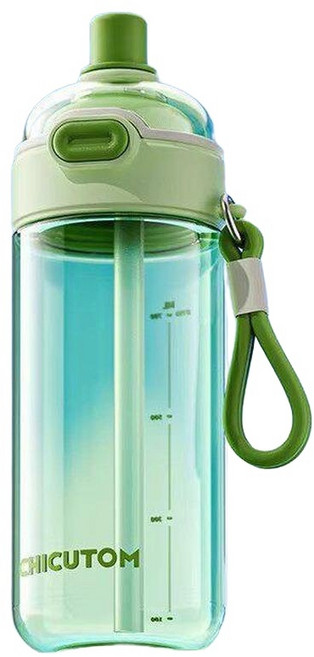 CHICUTOM Tritan兒童吸管水杯 學生便攜大容量水壺, 綠色一鍵彈蓋, 1個, 600ml