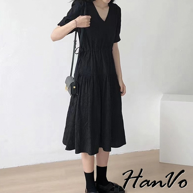 HanVo 時尚氣質素色V領長裙 簡約寬鬆高級感洋裝 韓系女裝, 黑色