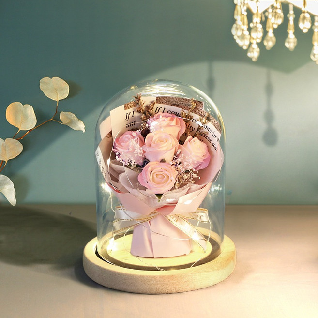 永生花玻璃罩夜燈 永生花乾燥花藝術擺飾,附燈,適合情人節、母親節、女友生日、畢業禮物, 香妃粉_玫瑰玻璃罩