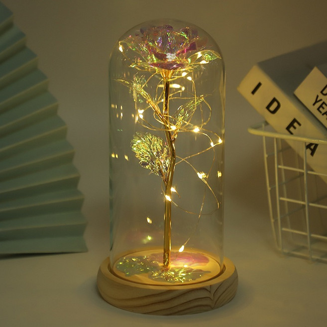 永生花玻璃罩 永生玫瑰花 LED小夜燈 創意永生花禮物, 原木底座款彩白