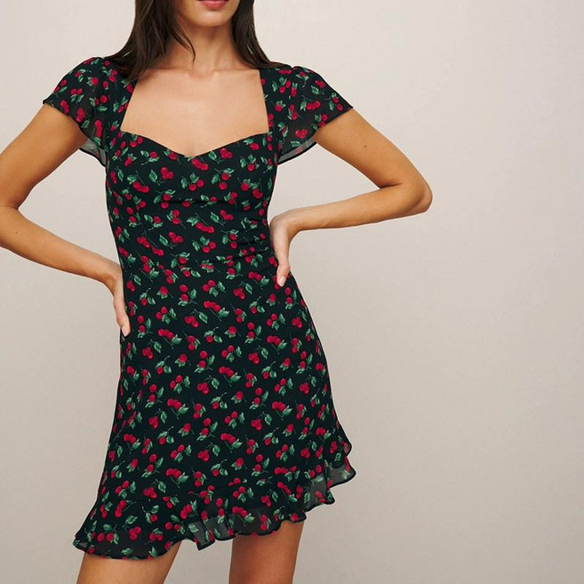 여름 쉬폰 원피스 슬림 꽃 프렌치 넥 섹시한 백리스 드레스 무늬 프린트 RETURNSELF24reformation 핏 V 여성용, 블랙