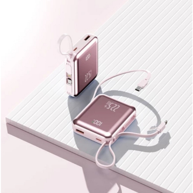 巧方塊雙線行動電源 10000mAh 22.5W快充 Type-C 自帶線, 粉色機身有CCC&WH標示