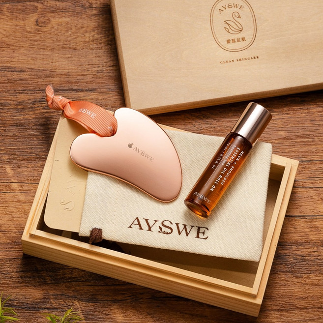 AYSWE 玫瑰金舒壓刮痧板與滾珠精油木盒禮盒, 1套, 薰衣草, 花梨木, 檀香