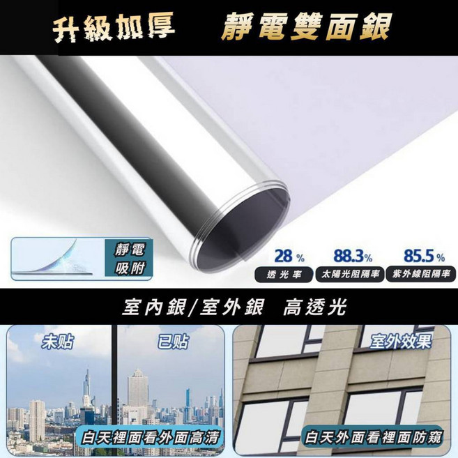 防曬隔熱膜 窗戶玻璃貼膜紙 送刮刀 冬天保溫, 靜電貼-【雙面銀】無膠-采光自然,50* 200 公分, 雙面銀