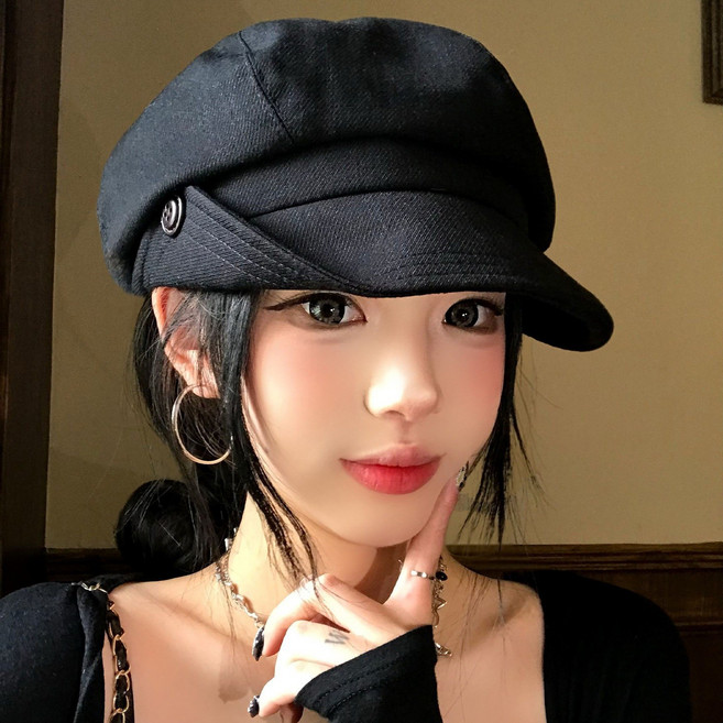 復古卷邊紐扣八角貝雷帽 女時尚文藝報童帽畫家帽