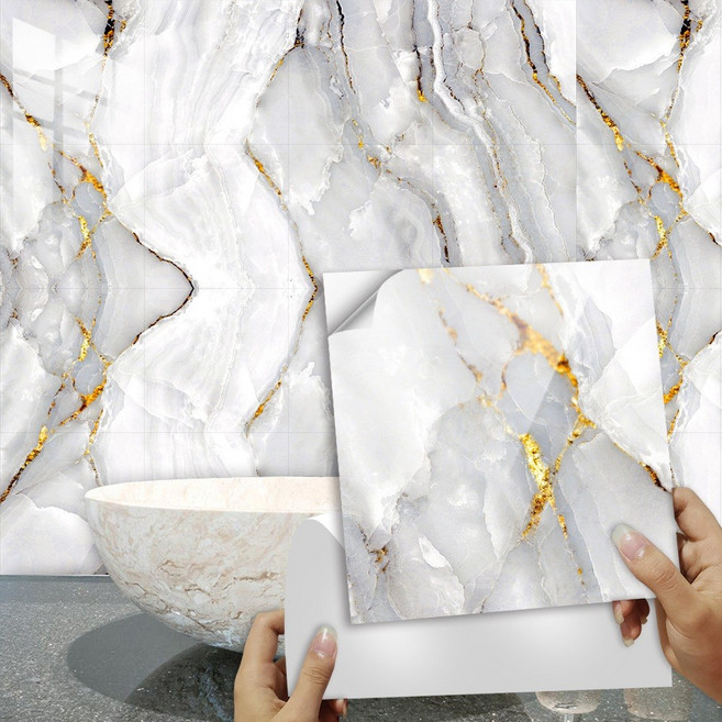 白金大理石紋水晶自黏貼 防水耐磨不殘膠 16片套裝壁貼地貼, 白金大理石*高品質水晶耐熱防水貼