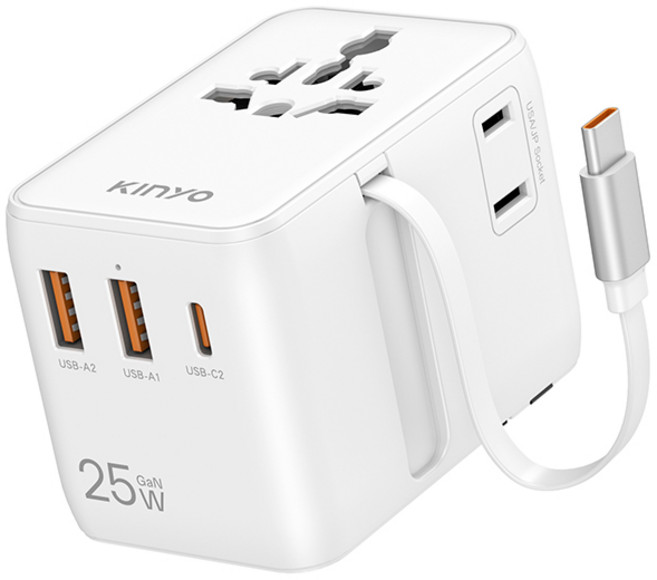 KINYO 帶線氮化鎵萬國轉接頭 MPP-3525 25WGaN充電器 USB-A2/USB-A1/USB-C2 萬國插座, 白色, 1個, 450mm