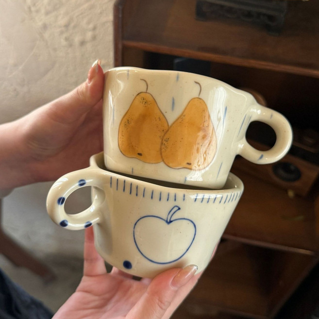 手繪梨子陶瓷馬克杯, 梨子手作對杯, 1個