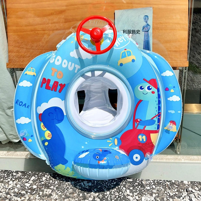 現貨跨境兒童游泳圈座圈黃鴨喇叭艇腋下圈褲兜寶寶嬰幼兒坐圈充氣, 方向盤加棉褲兜恐龍汽車座圈