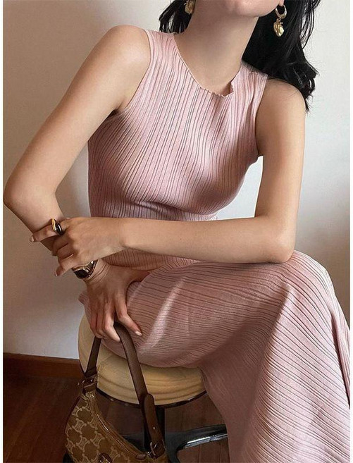 肌理感針織背心連衣裙女春季收腰包臀長裙 副廠商品, 粉色
