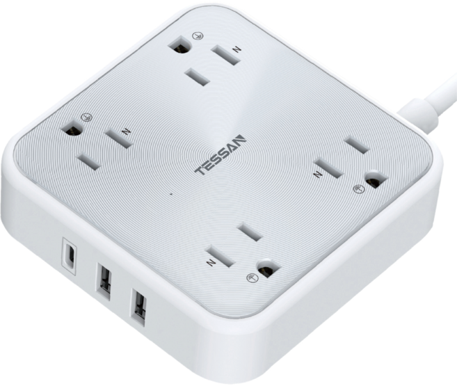 TESSAN 延長線插座 4孔+3USB(1 Type-C)充電延長線 1.8M, 白色, 1個, 1cm