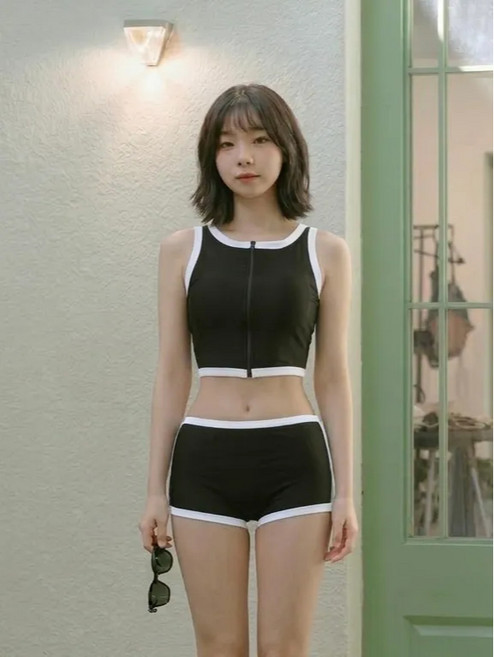 黑色滾邊拉鍊運動風泳衣, 黑色