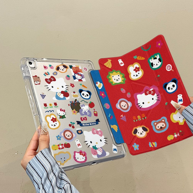可愛Hello Kitty 平板保護套 3+Y折旋轉支架 智能休眠喚醒 附筆槽 防摔保護殼, 紅色KT貓, 1個