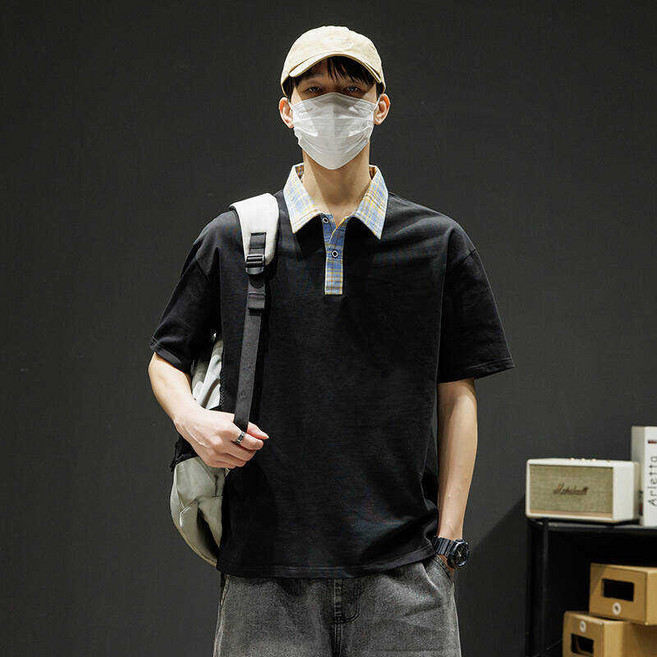 男款夏季潮流寬鬆POLO衫 大尺碼 短袖翻領T恤, 黑色, M