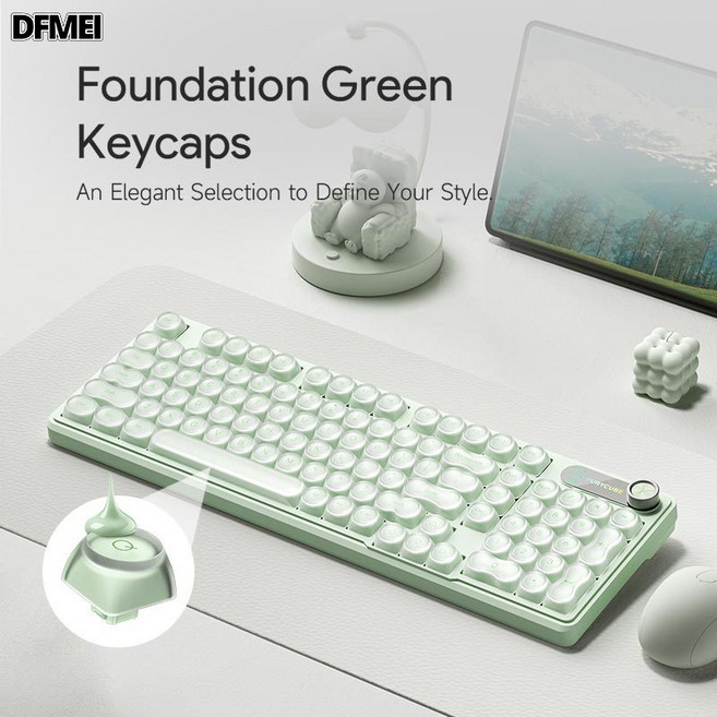 DFMEI FURYCUBE IP98機械手感防水鍵盤電腦遊戲電競高顏值有線靜音鍵盤 98鍵 【三模有線+無線2.4g+藍牙】 RGB, 人體工學, 如圖, 98鍵/半透綠粉底液【三模有線+無線2.4g+藍牙】RGB/