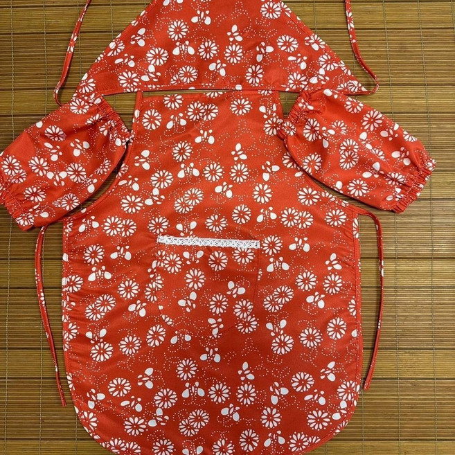 圍裙 幼兒園圍裙 舞蹈演出圍裙 圍兜 東北花布圍裙 頭巾袖套 兒童採茶圍裙 碎花圍裙, 紅碎花 圍裙+頭巾+套袖,兒童款110-150, 1個