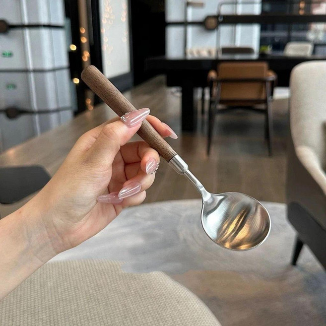 不鏽鋼木柄湯勺 質感胡桃木紋, 1個, 不鏽鋼抗菌實用 乾飯圓勺, 不鏽鋼抗菌 加厚不鏽鋼 10支