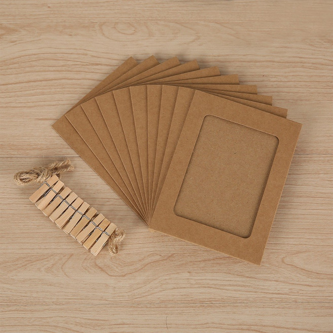 紙相框 4x6寸 牛皮紙/黑/白 多色任選 附麻繩夾子 DIY壁掛相片展示架, 1個, 牛皮紙相框+贈麻繩+10木色夾子, 牛皮紙