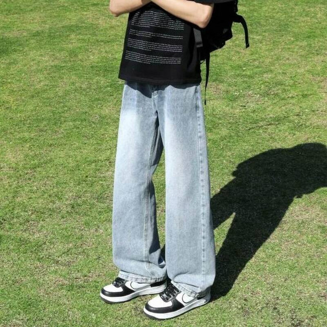 直筒牛仔褲男夏季冰絲涼感褲大尺碼輕薄透氣吸濕排汗速乾牛仔褲寬鬆彈性闊腿褲低腰鬆緊寬褲休閒長褲登山運動工作褲男裝鬼洗牛仔褲