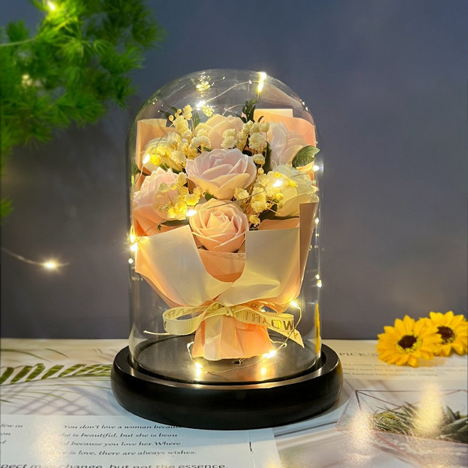永生花玫瑰香皂花玻璃罩夜燈,情人節/母親節/畢業禮物, 7朵玫瑰_粉白