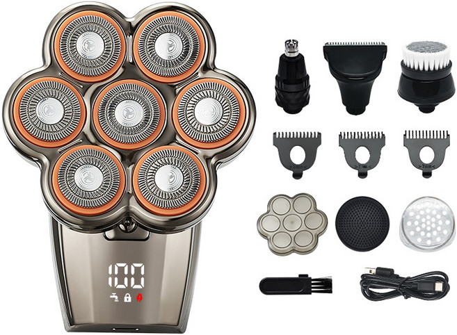 新款七刀頭電動剃鬚刀 男士自助刮光頭神器 Type-C充電 LED顯示, 槍色五合一 B143, 1個