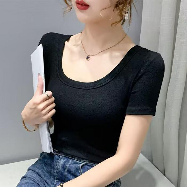 螺紋棉U領短袖T恤女緊身上衣 夏季新款修身純色彈力半袖打底衫