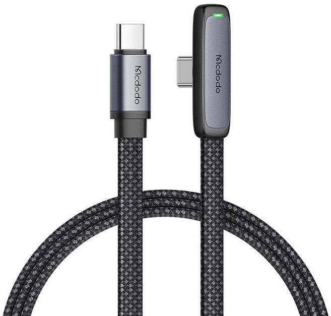 Mcdodo 65W超薄彎頭Type-C充電線 支援快充 玩遊戲不擋手充電傳輸二合一, 1個, 180cm, 黑色