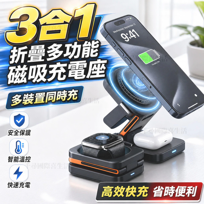 三合一磁吸充電座 磁吸座充 15W快充 無線充電盤 磁吸充電座 手錶/手機/耳機同時充, 黑色無線充電支架【耳機+手機+手錶同時充】, 1個