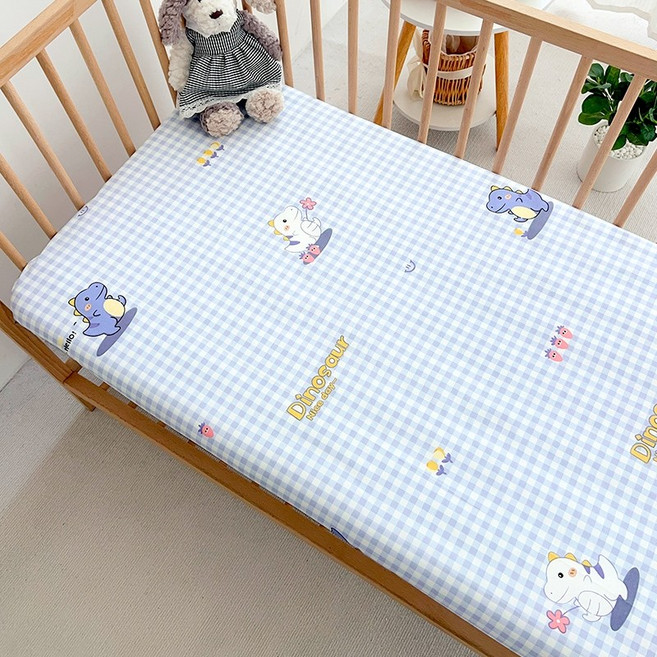 【Be 安樂窩居家】嬰兒床包 純棉 新生兒 兒童床包 寶寶 床單床罩 幼兒園 兒童 拼接床墊套, 藍恐龍-A,70x130x5cm, 1個