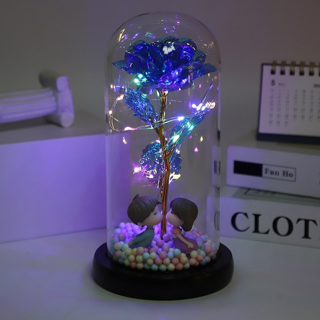 永生花玻璃罩 永生玫瑰花 LED小夜燈 創意永生花禮物, 情人款藍色