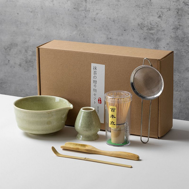 日式抹茶工具組 茶筅 百本立 抹茶碗, 條紋帶嘴抹茶色六件套(不乾膠盒), 通用, 1套