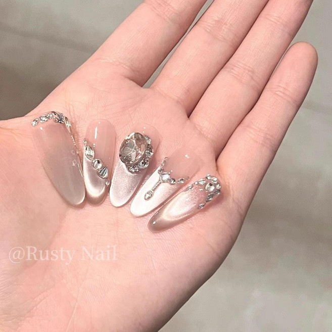穿戴甲 貓眼帶鑽穿戴甲 輕奢美甲貼片 橢圓形手工穿戴甲 爆閃美甲, 1個, 羅馬假日 長橢圓,XS, 貓眼